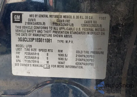 2008 Saturn Vue 4-Cyl Xe z USA, uszkodzony, nr VIN 3GSCL33P18S611081